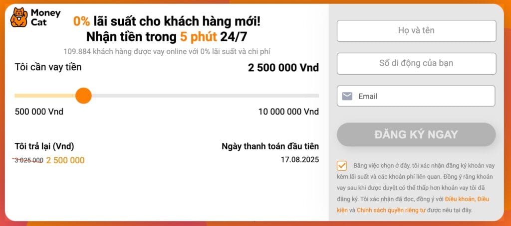 MoneyCat.vn – Vay tiền online 0% lãi suất cho khách hàng mới, nhận tiền trong 5 phút 24/7