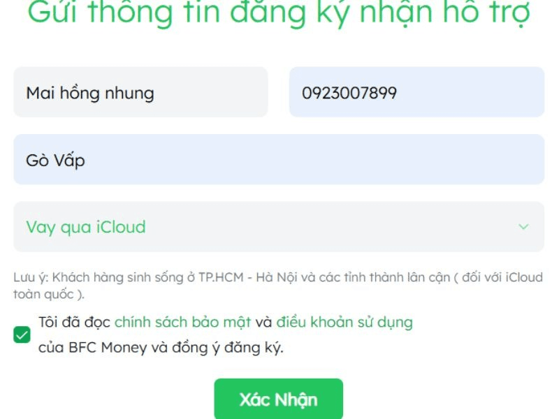 Điền thông tin vay và gửi hồ sơ trực tuyến tại BFC Money