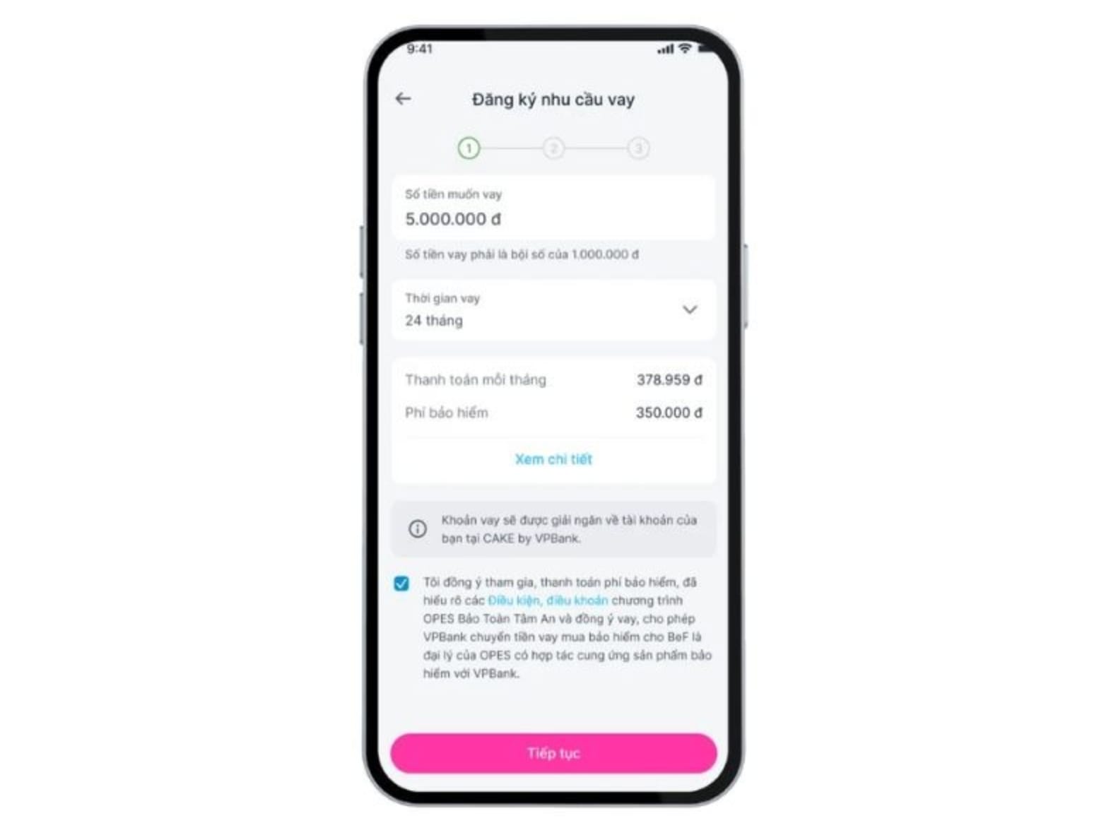 Giao diện ứng dụng Cake với mục Vay Nhanh cho phép chọn khoản vay online dễ dàng.