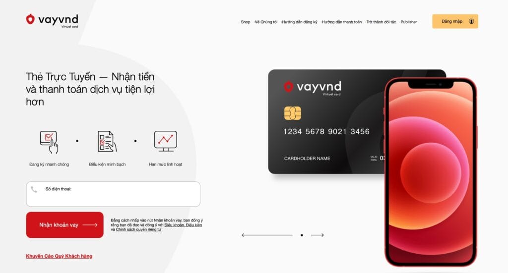 Giao diện trang chủ VayVND.vn với thẻ ảo và biểu mẫu đăng ký vay tiền online