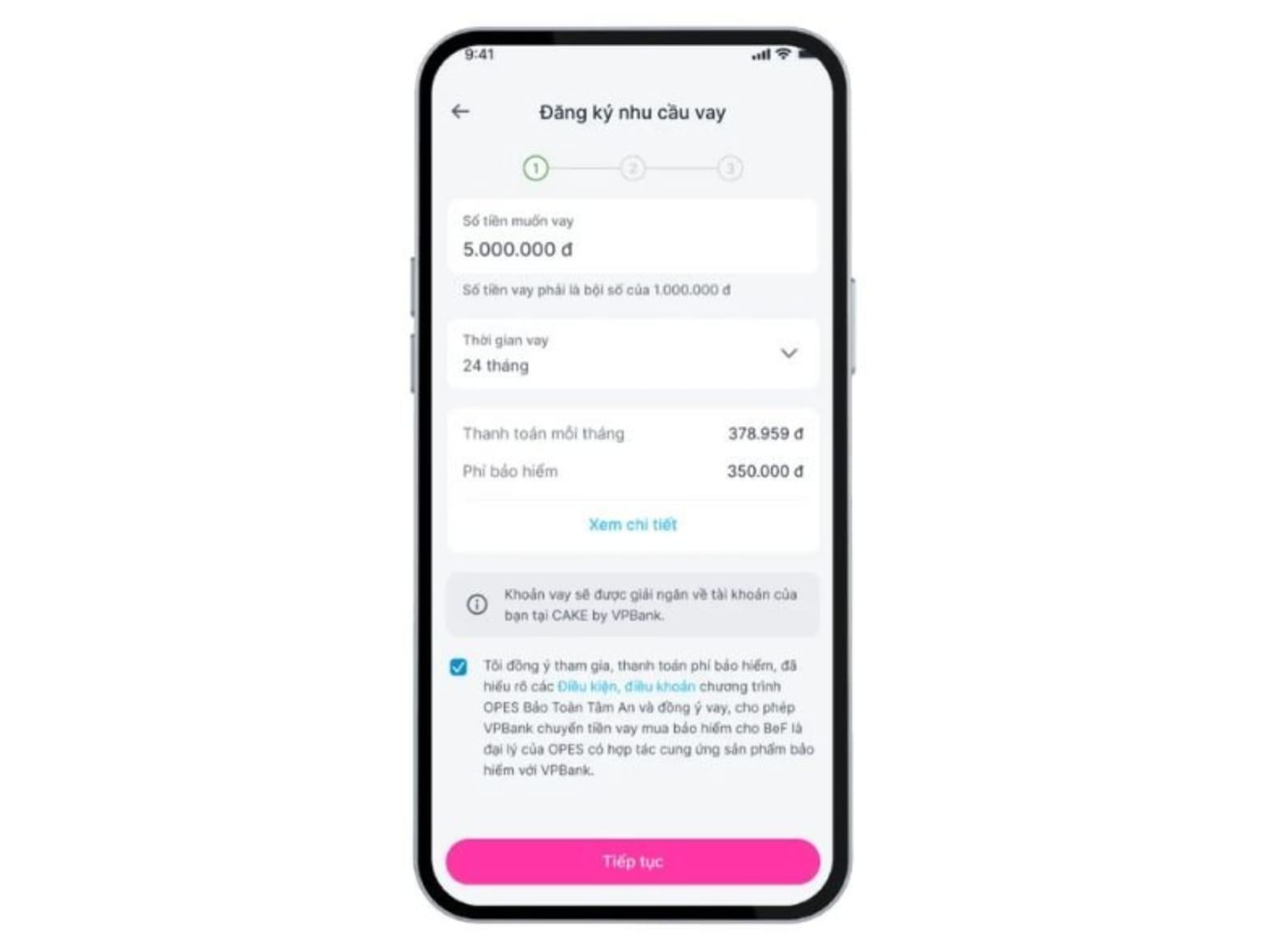 Màn hình điền thông tin đăng ký khoản vay trên ứng dụng Cake Cashloan.