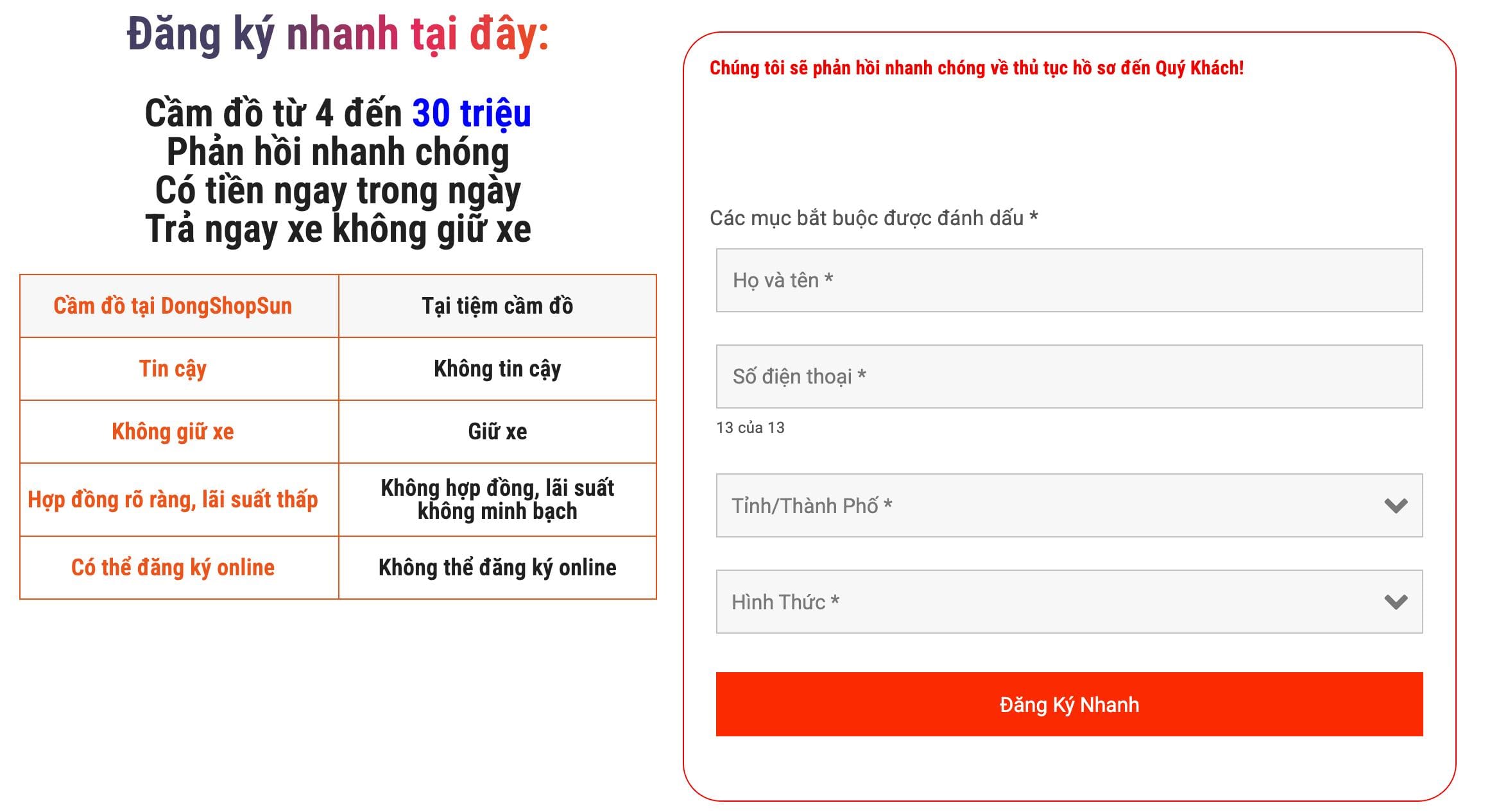 Điền thông tin cá nhân khi vay tiền online tại Đồng Shop Sun