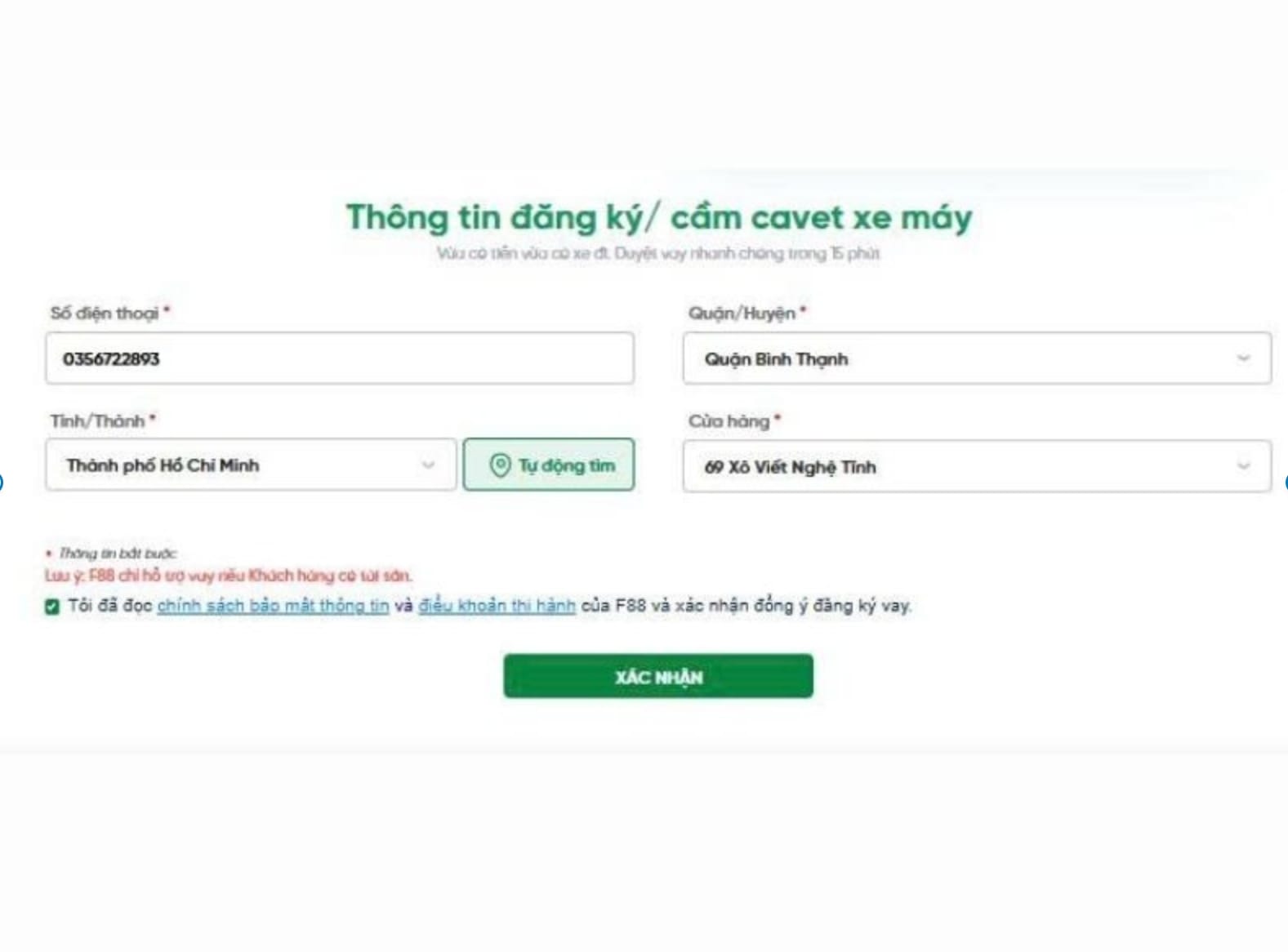 Bước 1 đăng ký vay tiền nhanh bằng cavet xe tại F88 – điền thông tin online