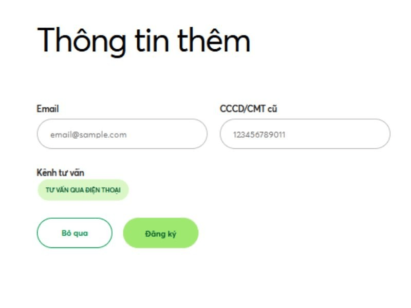 Điền thêm thông tin về email và số cmnd cũ