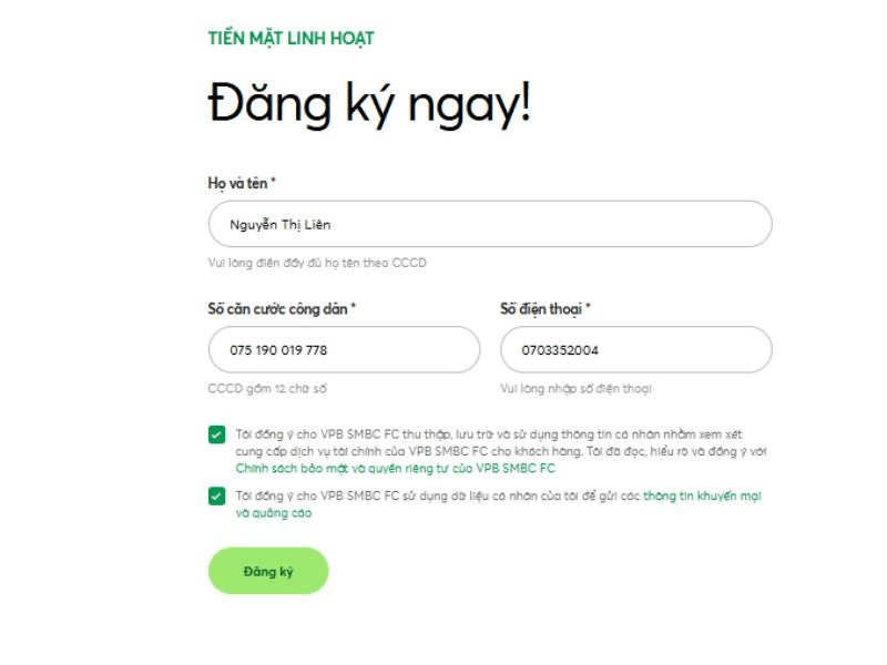 Bước điền thông tin cá nhân khi đăng ký vay tiền online tại FE Credit qua CMND