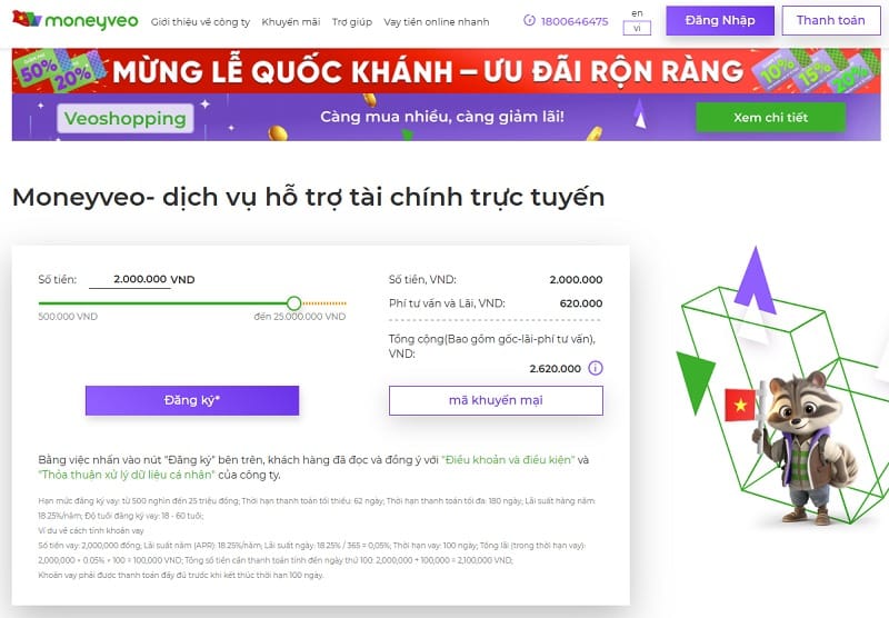 Truy cập vào trang chủ Moneyveo.vn để chọn số tiền và kỳ hạn muốn vay
