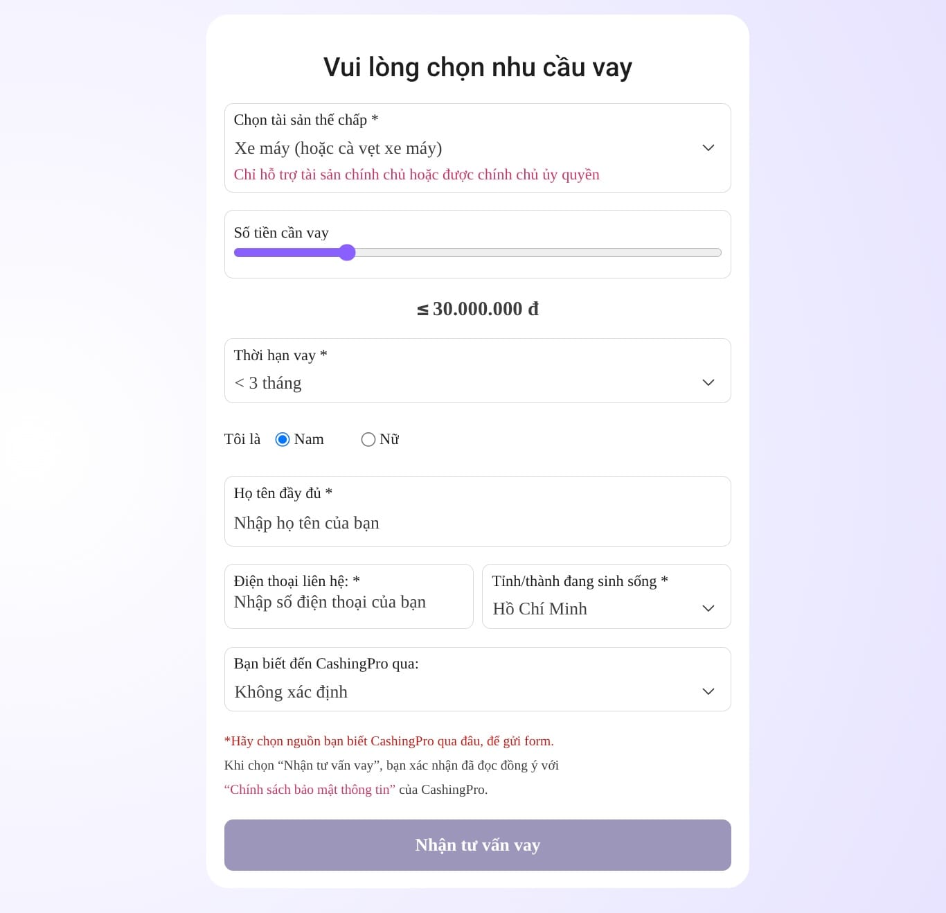 Hướng dẫn đăng ký vay tiền online tại Cashing Pro – điền form thông tin và chọn gói vay cầm cố