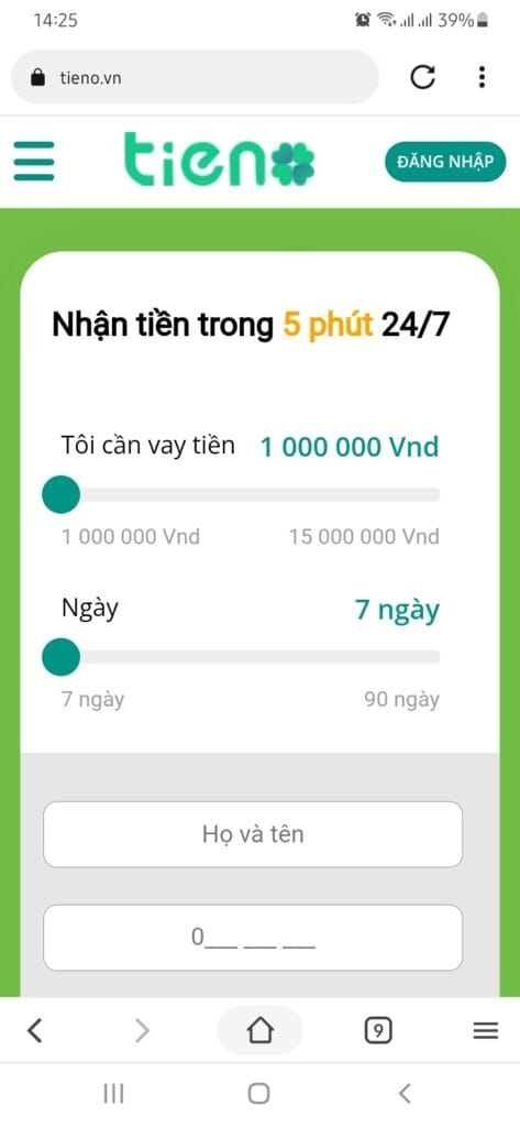 Vào trang chủ Tieno.vn và chọn mức tiền và thời hạn muốn vay