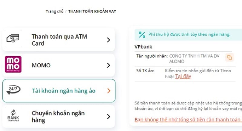 Thanh toán tiền vay tại Tieno