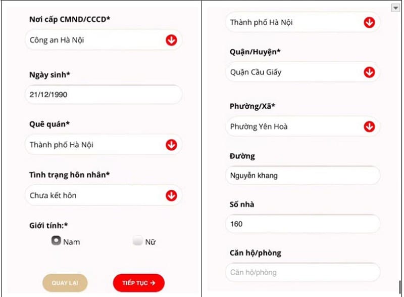 Điền thông tin để vay tiền trên VayVND