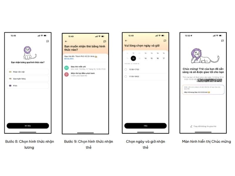 Bước 4 là điền thông tin về hình thức nhận lương. Thông tin ngày và giờ nhận thẻ