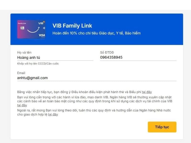 Truy cập vào trang chủ ngân hàng VIB và điền thông tin